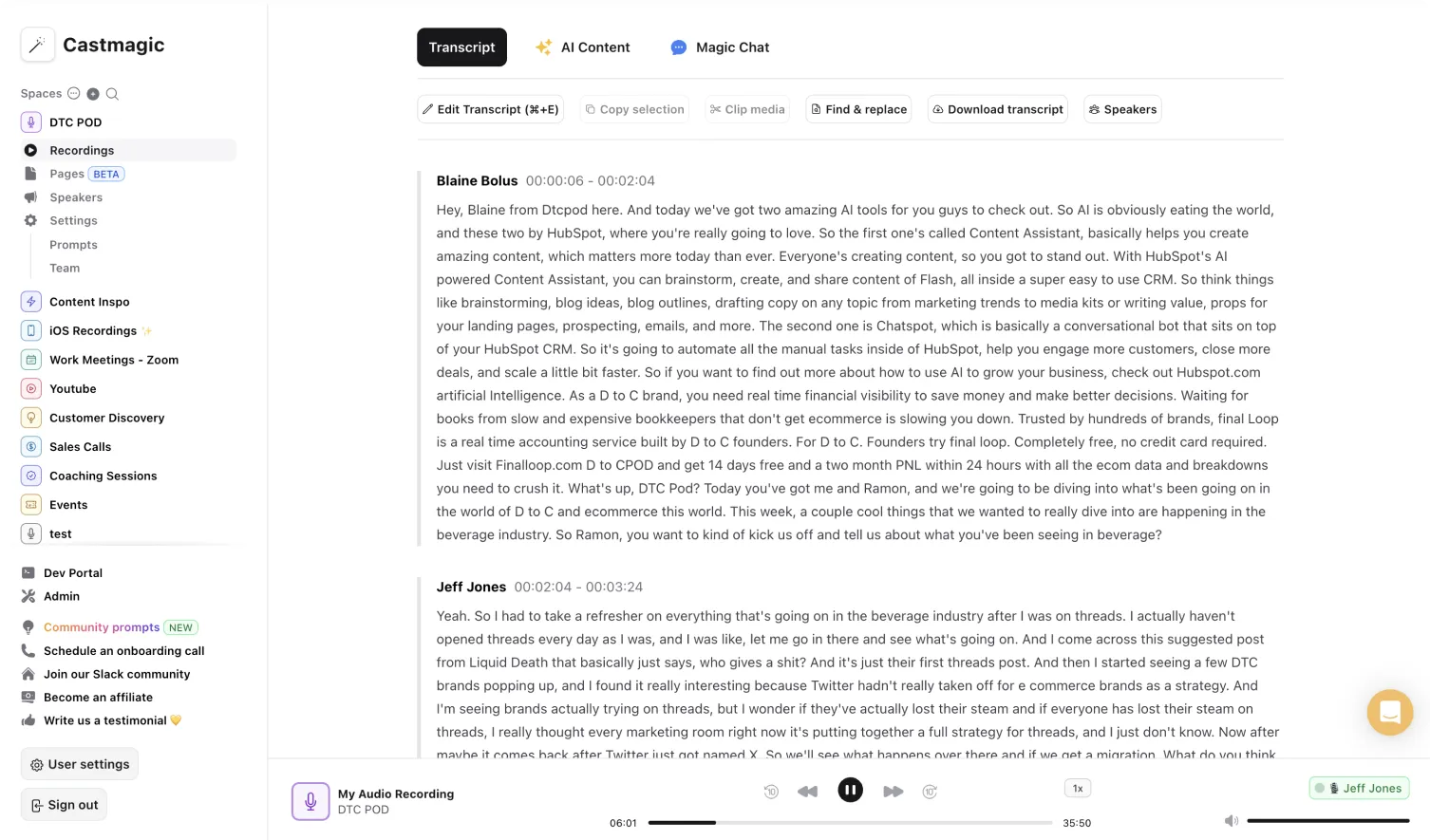 Castmagic dashboard showing transcript, AI Content, and Magic Chat tabs